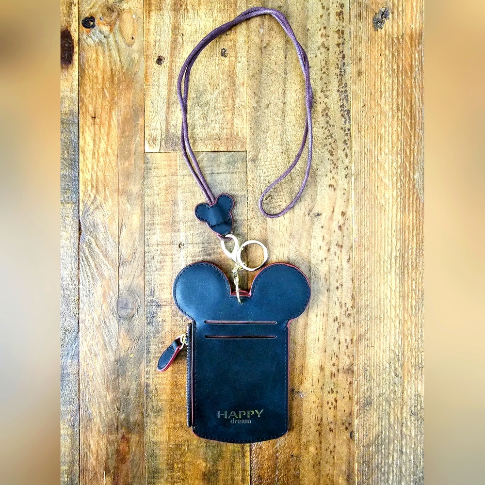 Disney Parks Happy Dream Mickey Ears Lanyard Card ID & Coin Purse Travel Wallet